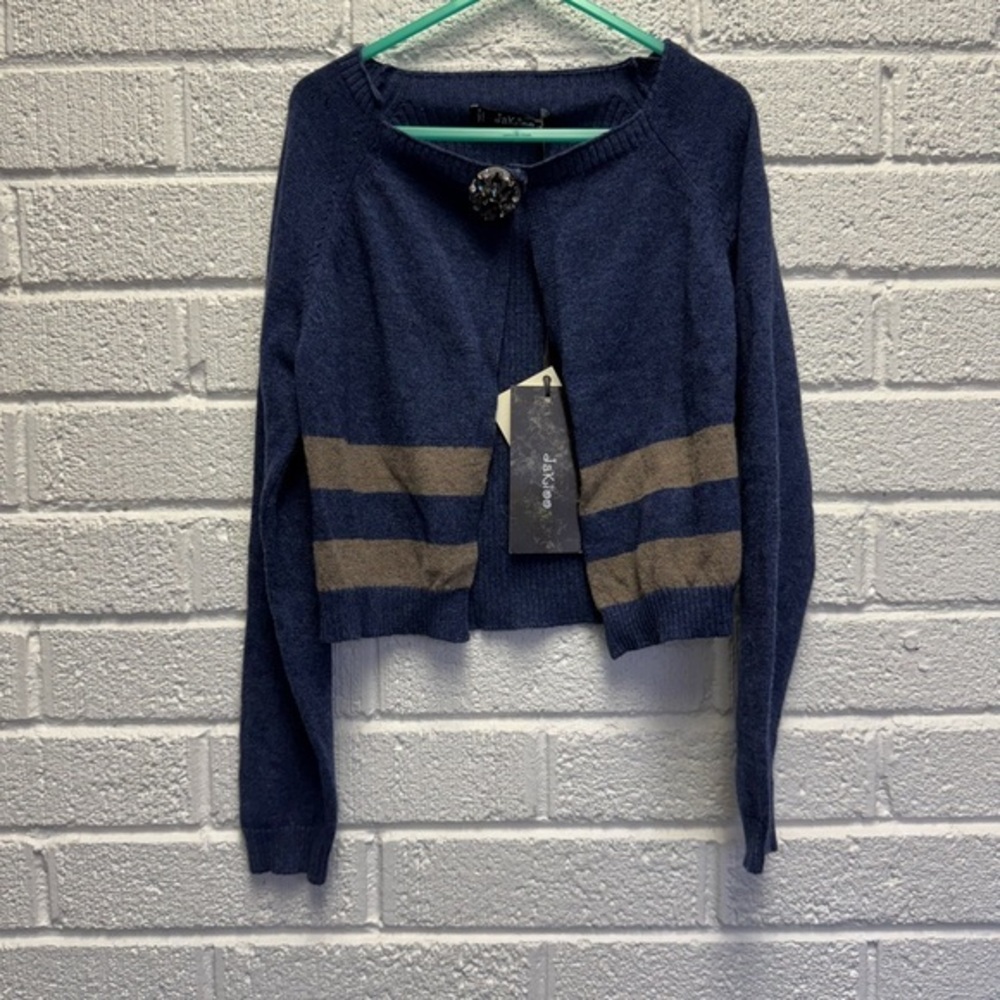 MonnaLisa Blue and Tan Striped Crew Neck Sweater